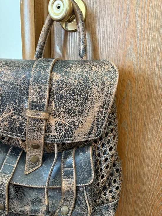 Bed Stu Distressed Brown and Tan Leather Woven Backpack - Picture 2 of 7